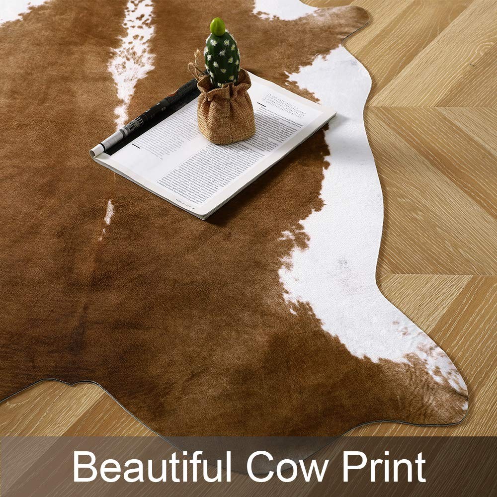 Faux Cowhide Rug, 4.6 x 5.2 Feet, Cow Print Animal Carpet, Western Decor, Brown