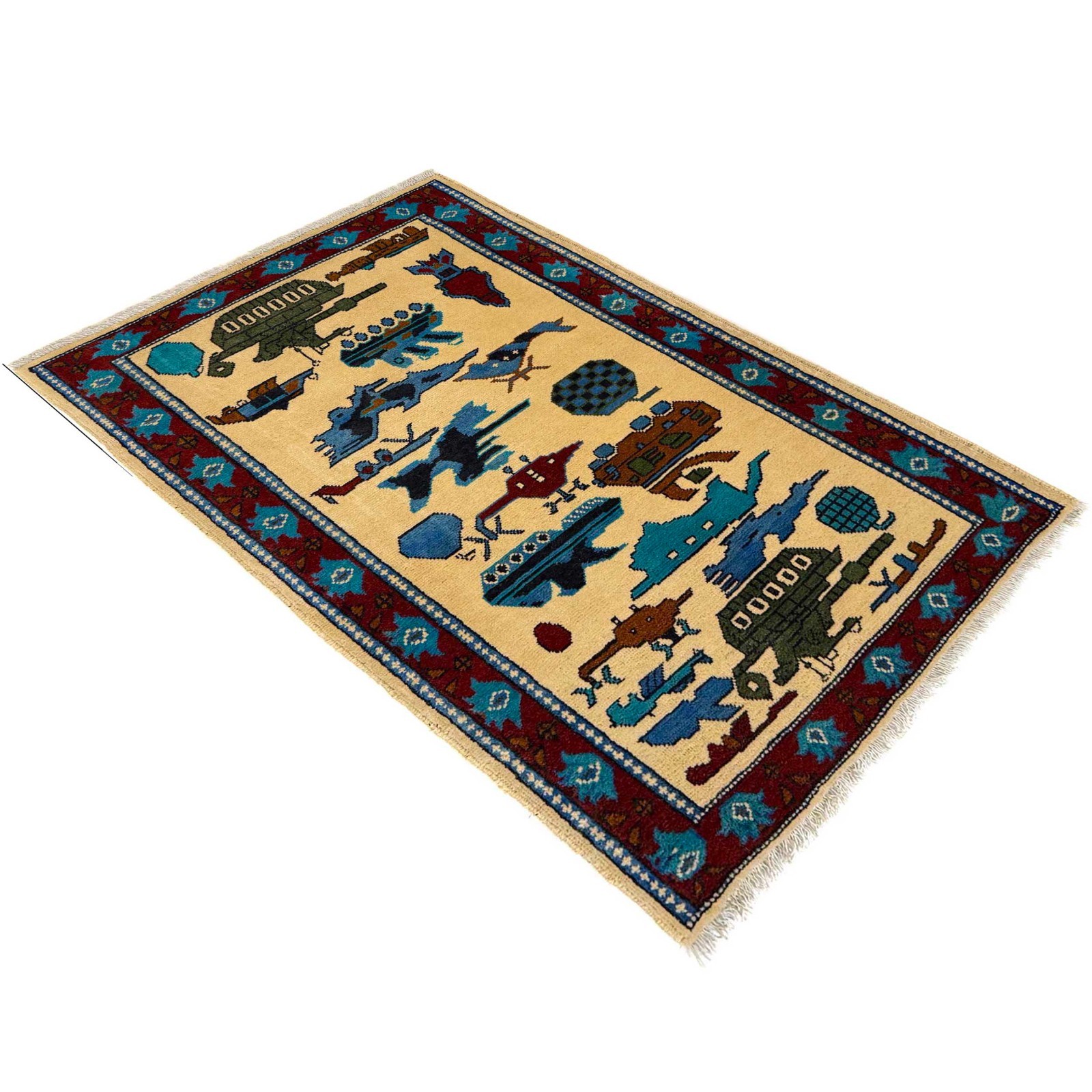 Tribal Hand Made Afghan WAR Design Pictorial Rug 2’9×4’4 Ft Beige Carpet -G36550