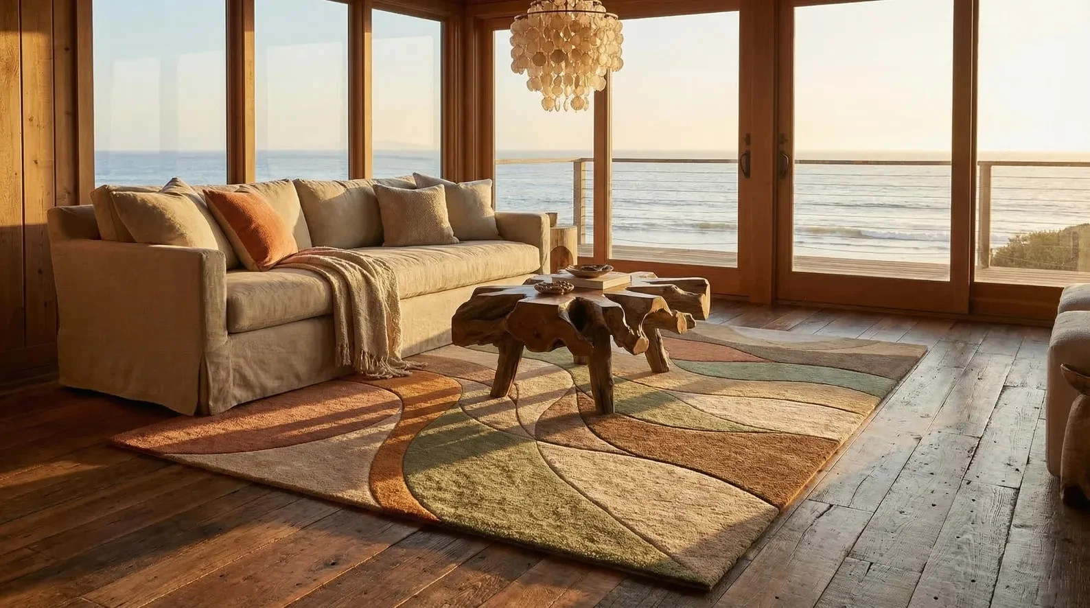 Modern Abstract Hand Tufted in Sage Green Terracotta & Beige, High Low Area Rug