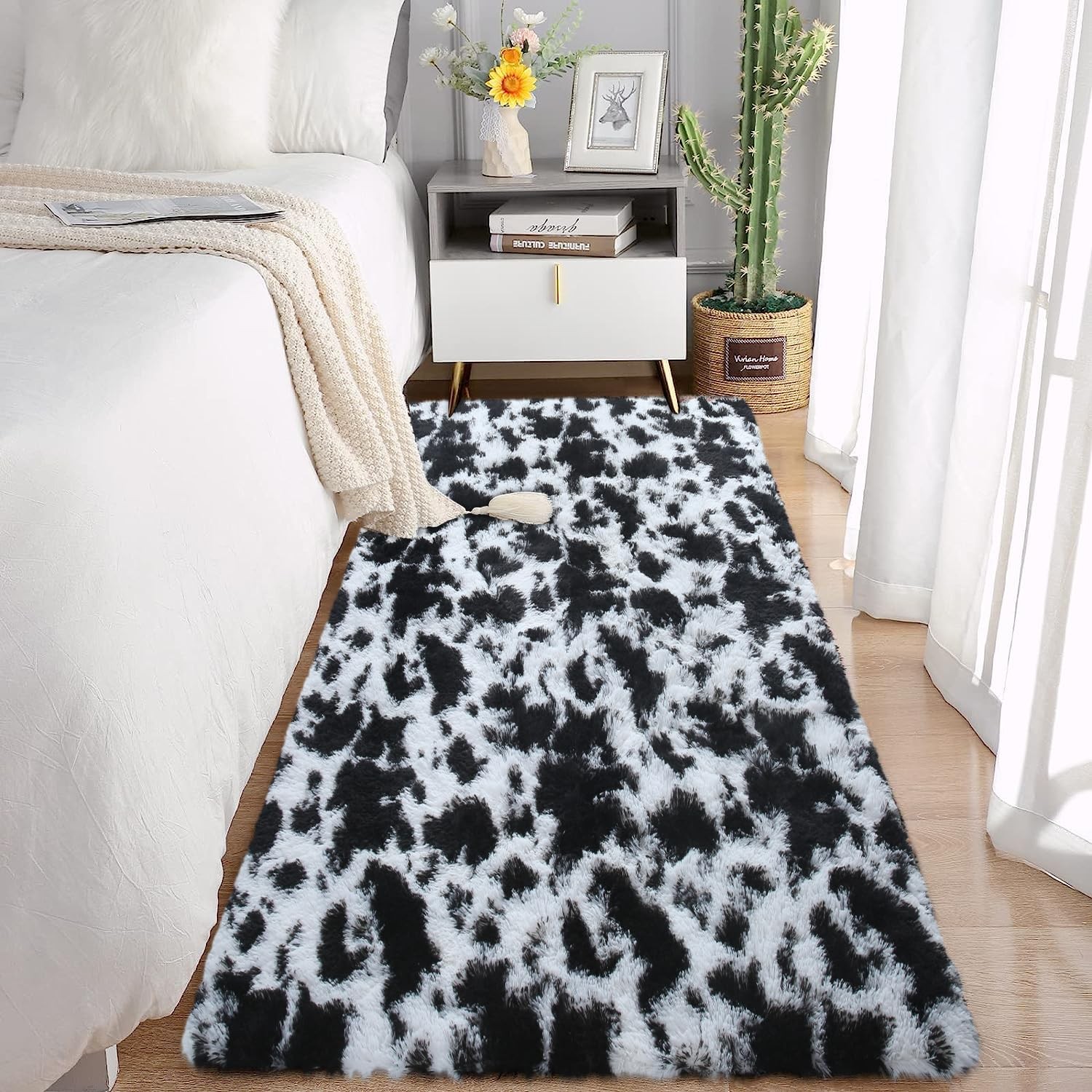 Milk Cow Print 2×6 Runner Rugs for Living Room, Black White Tie-Dye Rug Non-S…