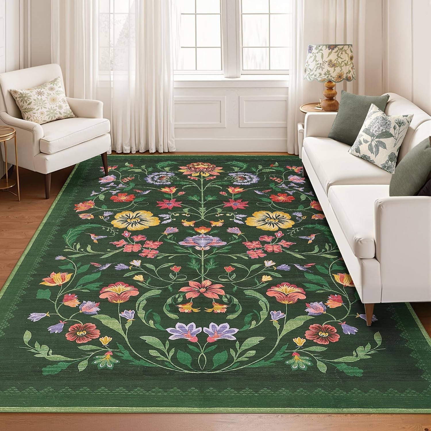 Washable Rug 9×12 Area Rugs for Living Room, Protea Floral Rug for Bedroom, Soft