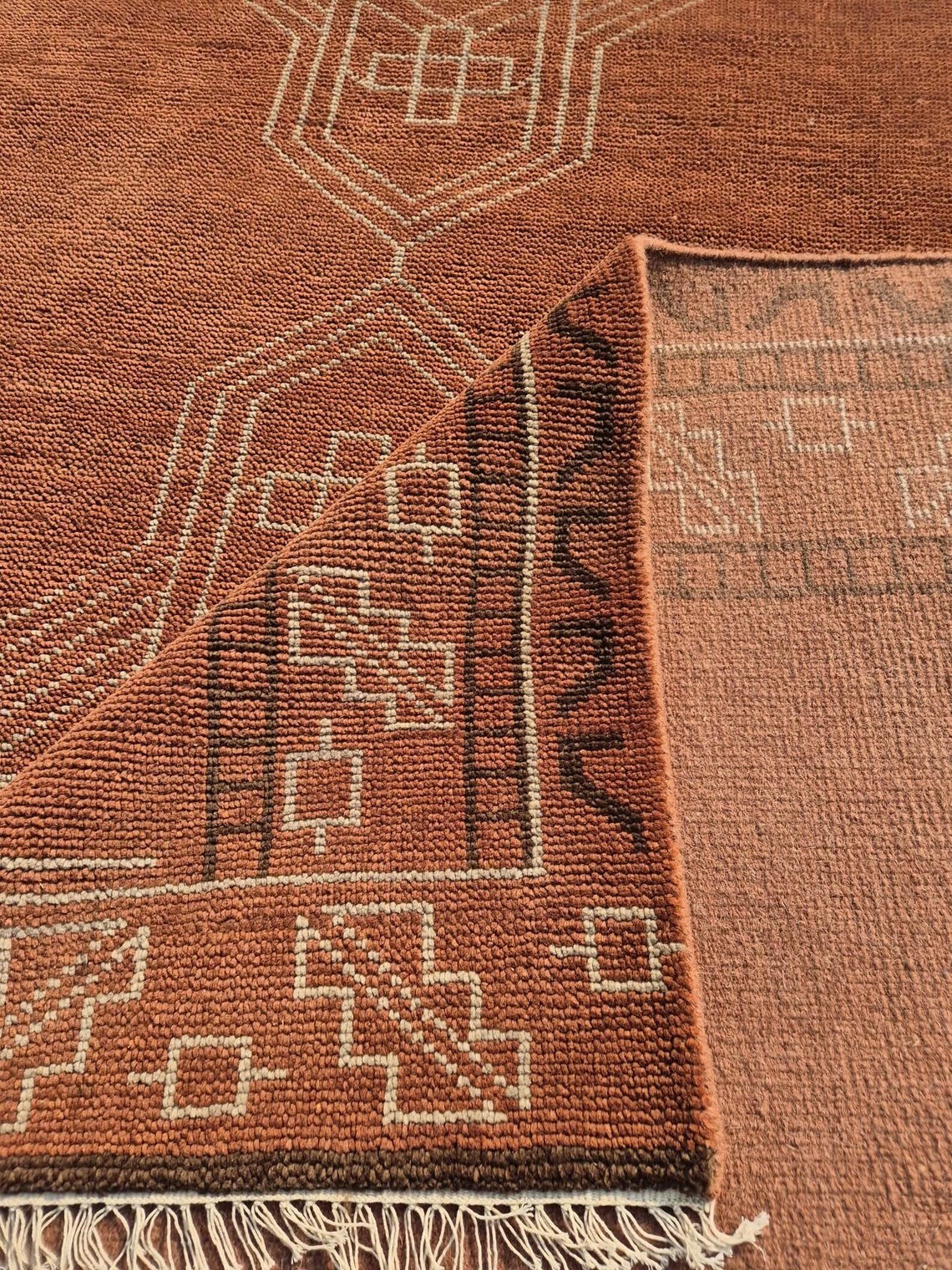 Hand Knotted Rust Wool Rug, Geometric Design, Zealand Area Rug 9’X12