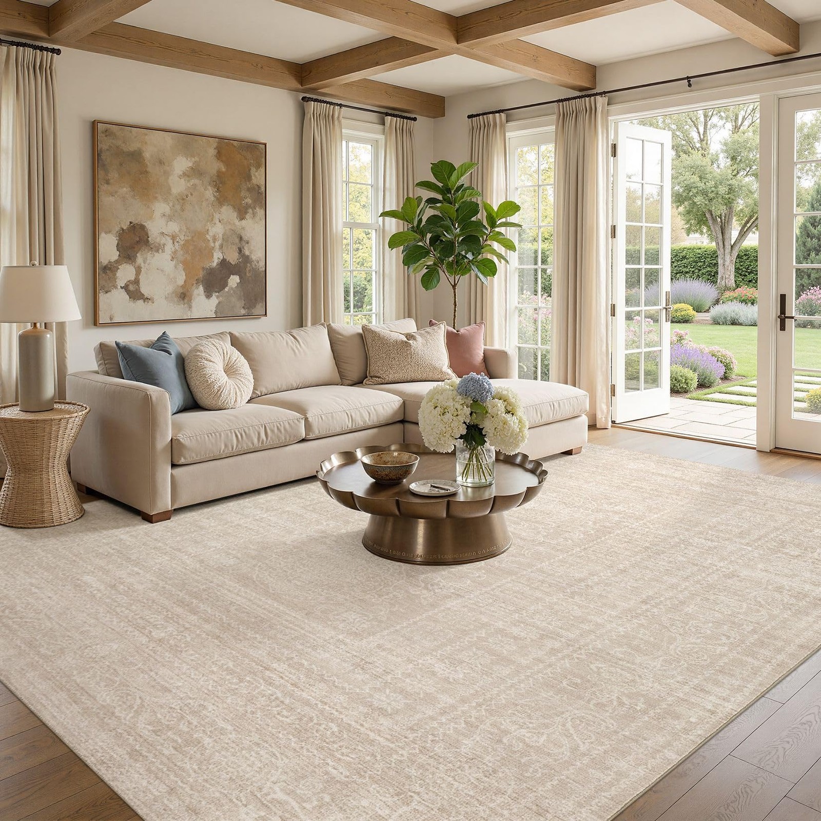 Area Rug 8×10 Washable Soft Non-Slip Vintage Beige – Stain Resistant Indoor