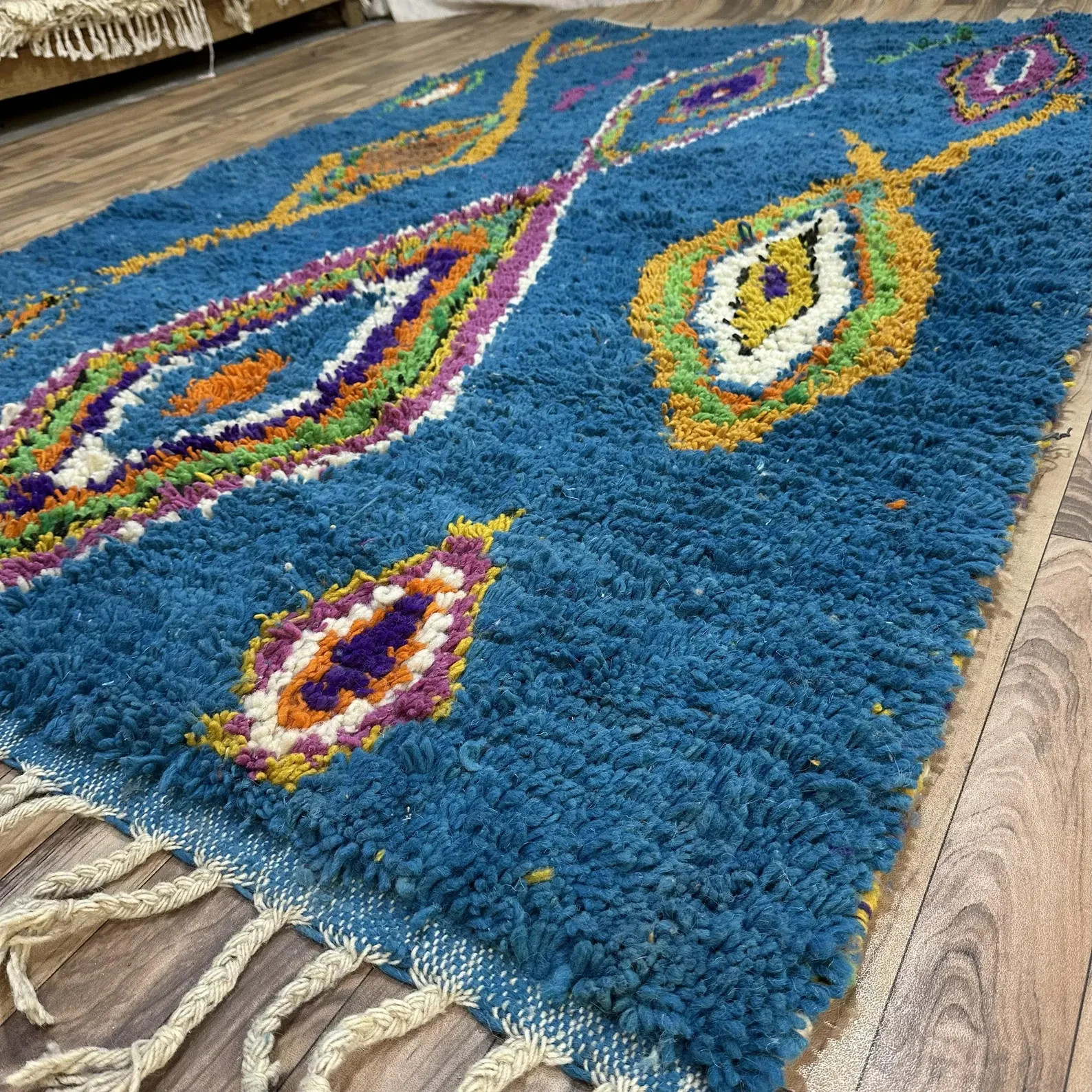 Teal Moroccan Rug, Abstract Colorful Diamonds, Custom Wool Rug