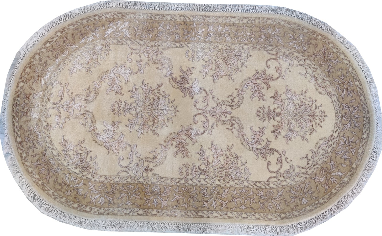 Damask Cream Gold 3 x 5 Hand Knotted Wool Rug for Bedroom 90×160 cm Oval Carpet