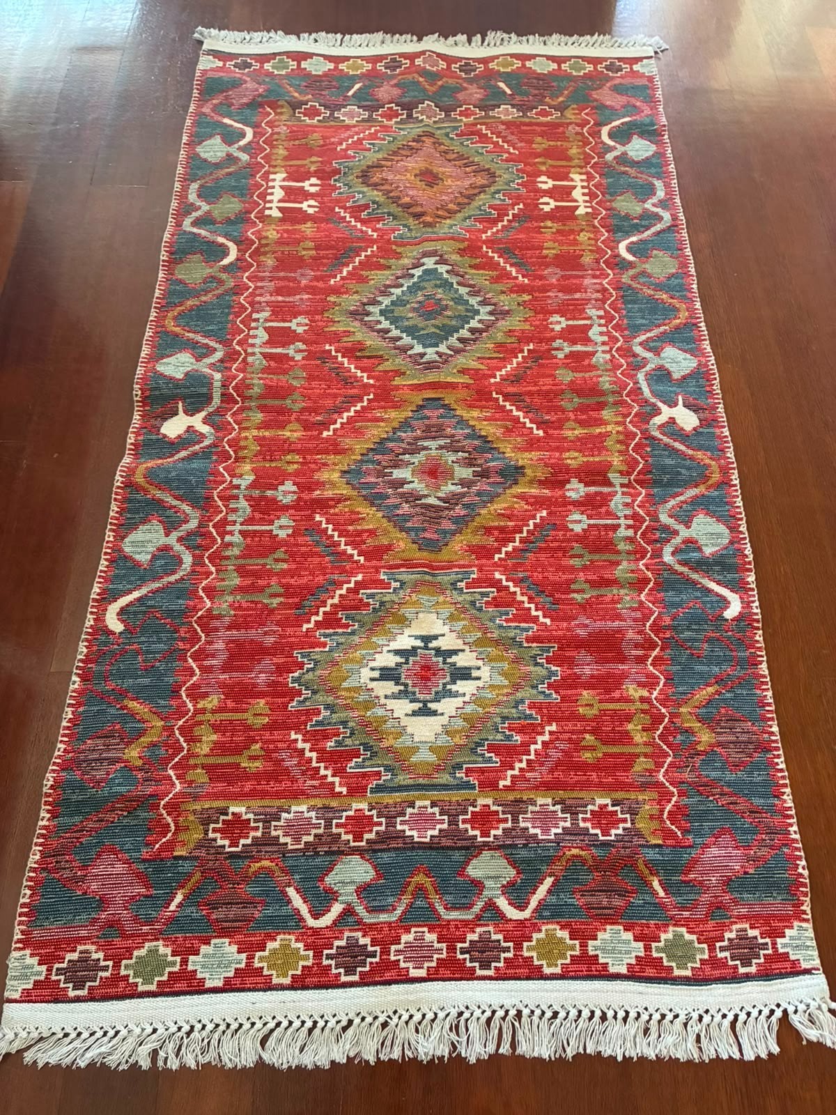 Reversible 3×5 Kilim Rug Machine Woven Flat Weave Red Beige Blue Turkish Mat