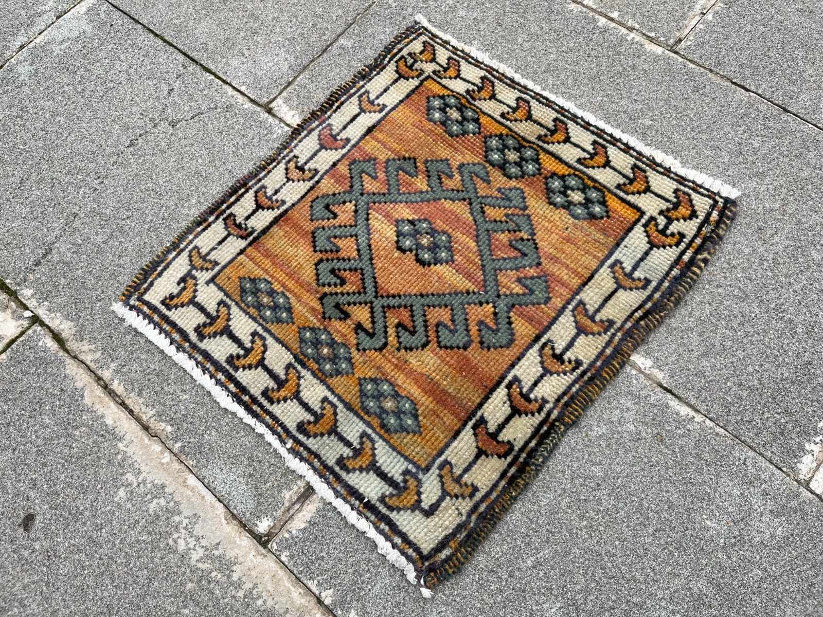 1.2×1.4 ft Vintage Oushak Mini Rug Orange Sage Green Tribal Accent
