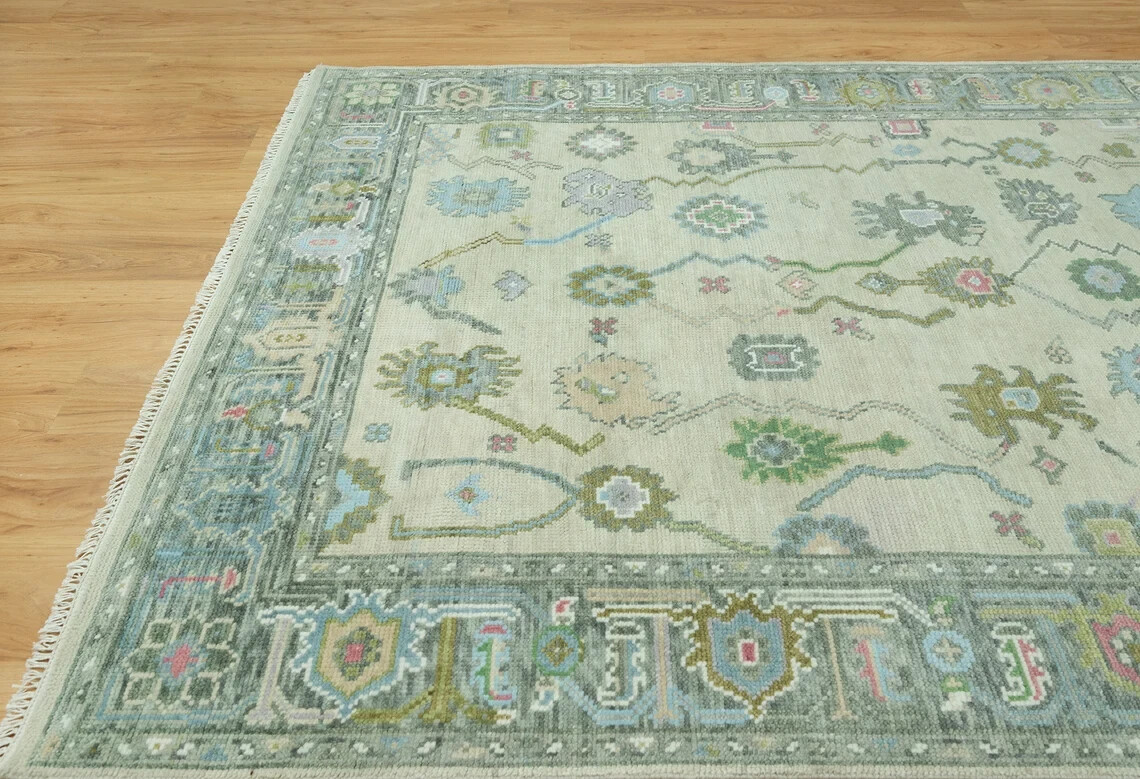 9’x12 Oushak Rug Contemporary Pastel beige Gray Floral Rug with Color Pop