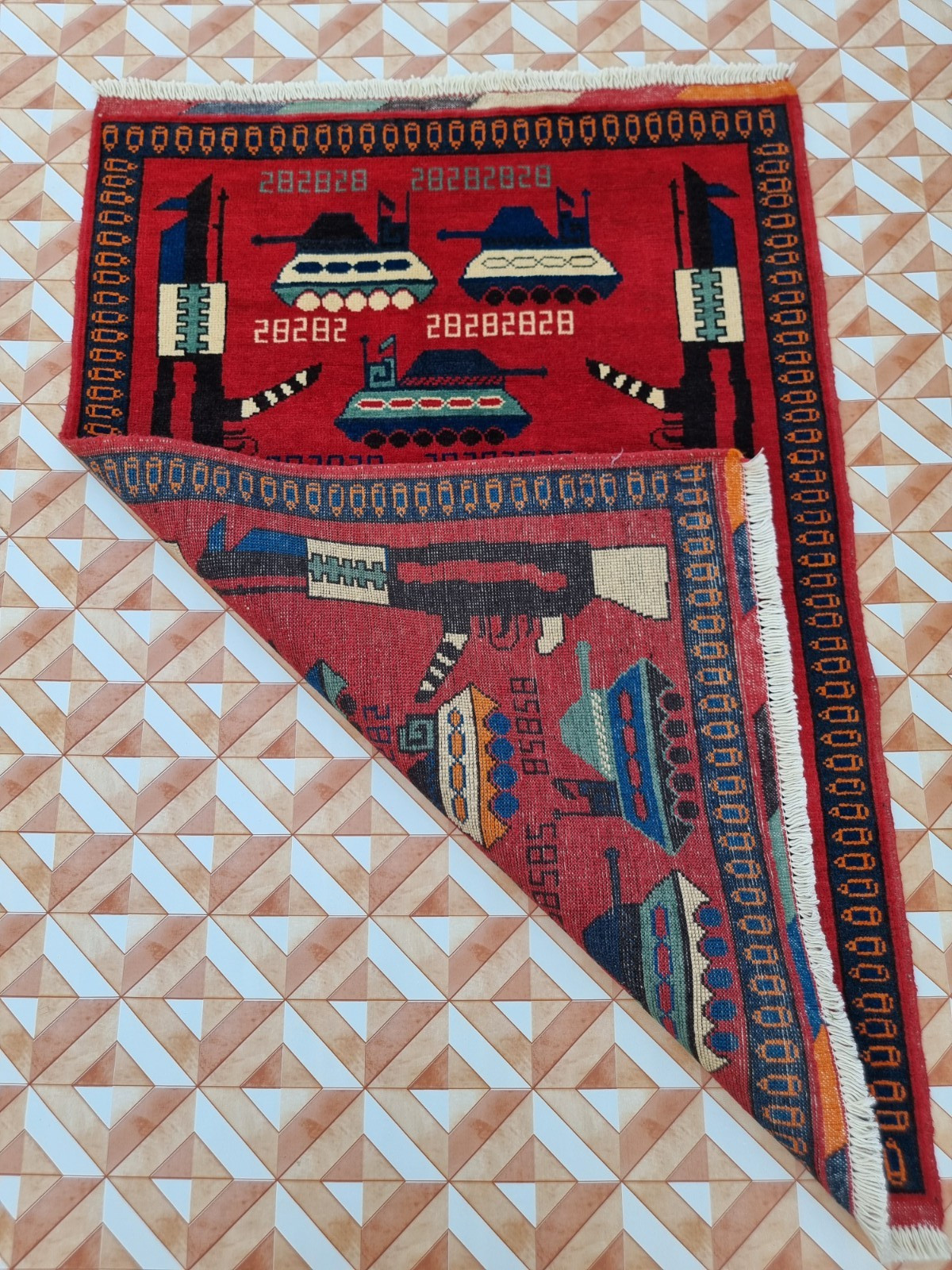 Afghan War Rug Handmade Wool Military Tank Carpet Red Tribal knotted war Art