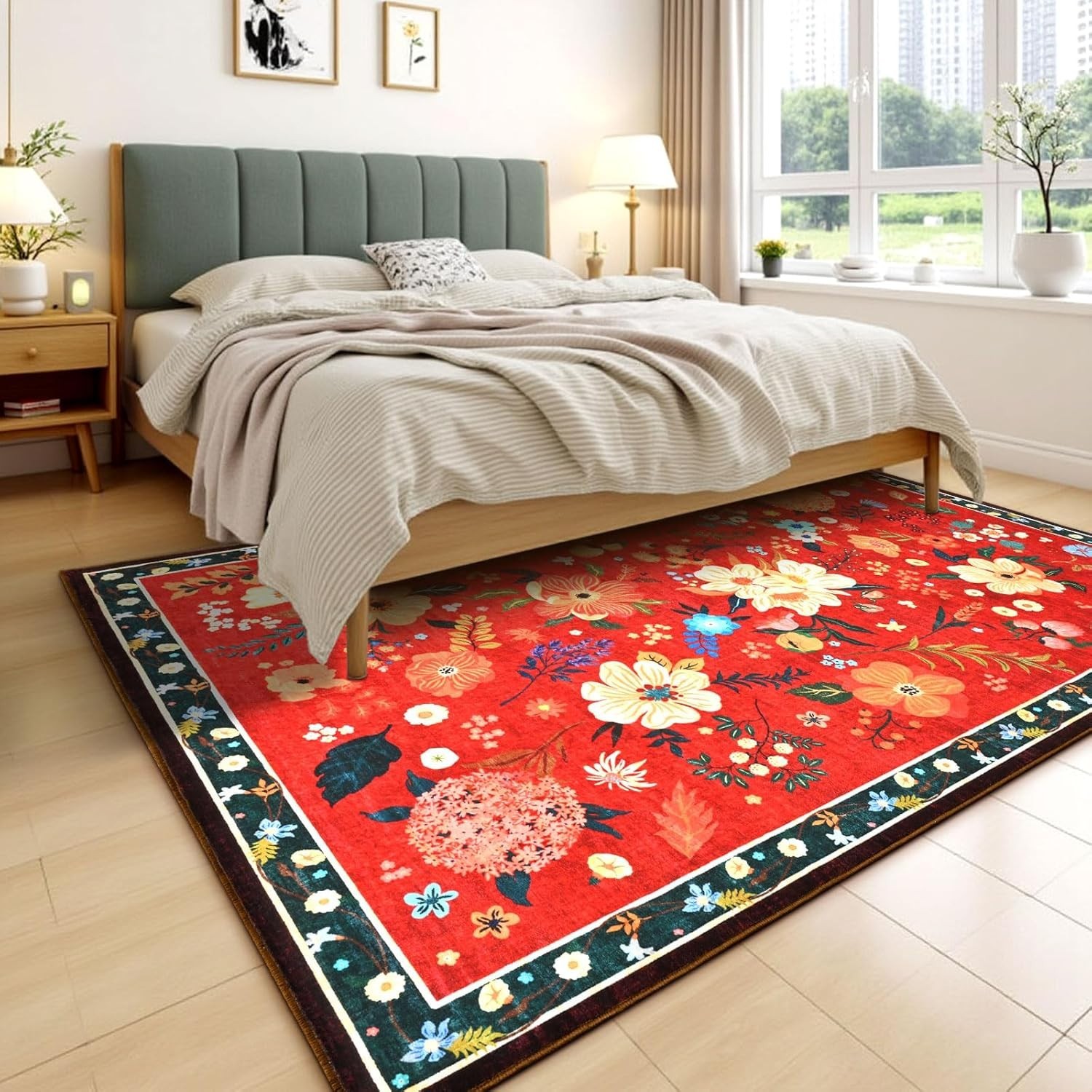 Floral Large Area Rug for Living Room, Washable 5×7 Red Christmas Rug Boho