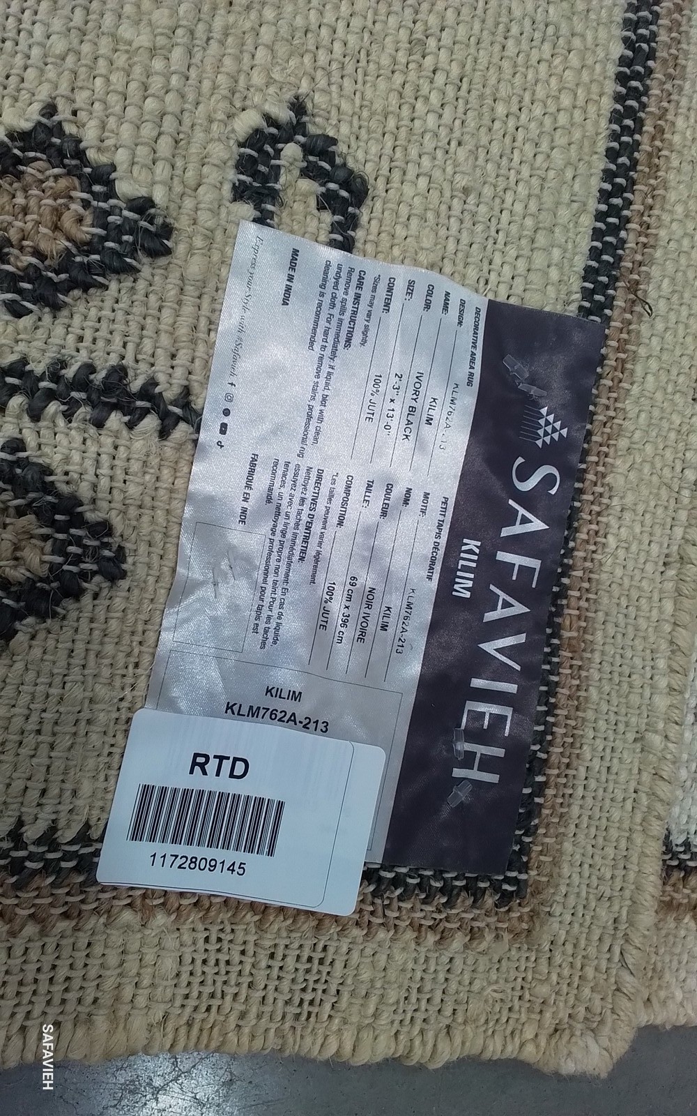 IVORY / BLACK 2′-3″ x 13′-0″ Stained Rug, Reduced Price 1172809145 KLM762A-213