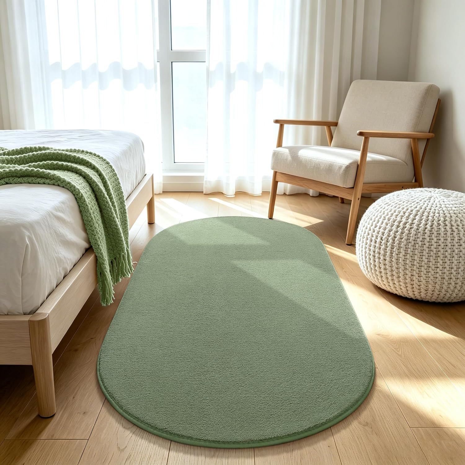 Soft Oval Bedroom Rug 2.6 X 5.3, Sage Green Non-Slip Washable Carpet | Thickened