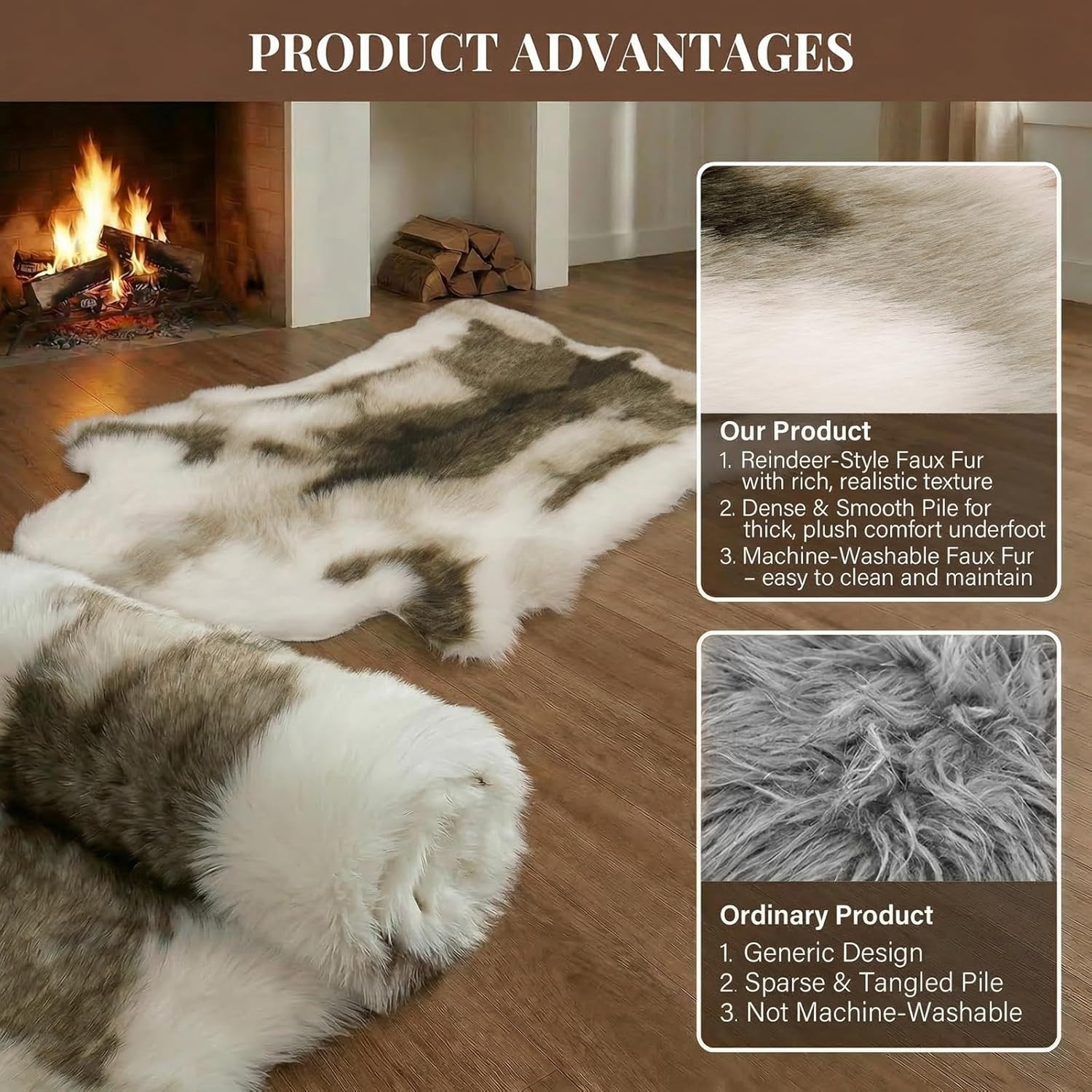 Luxury Reindeer Faux Fur Area Rug, 3.6’X3.0′, Machine Washable for Home