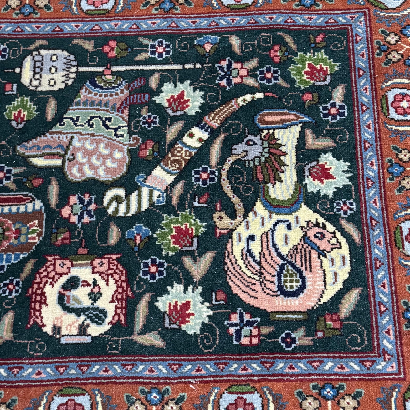 Vintage 1970s-80s Oriental Knotted Wool Rug Dragon Vase Bird Mythical