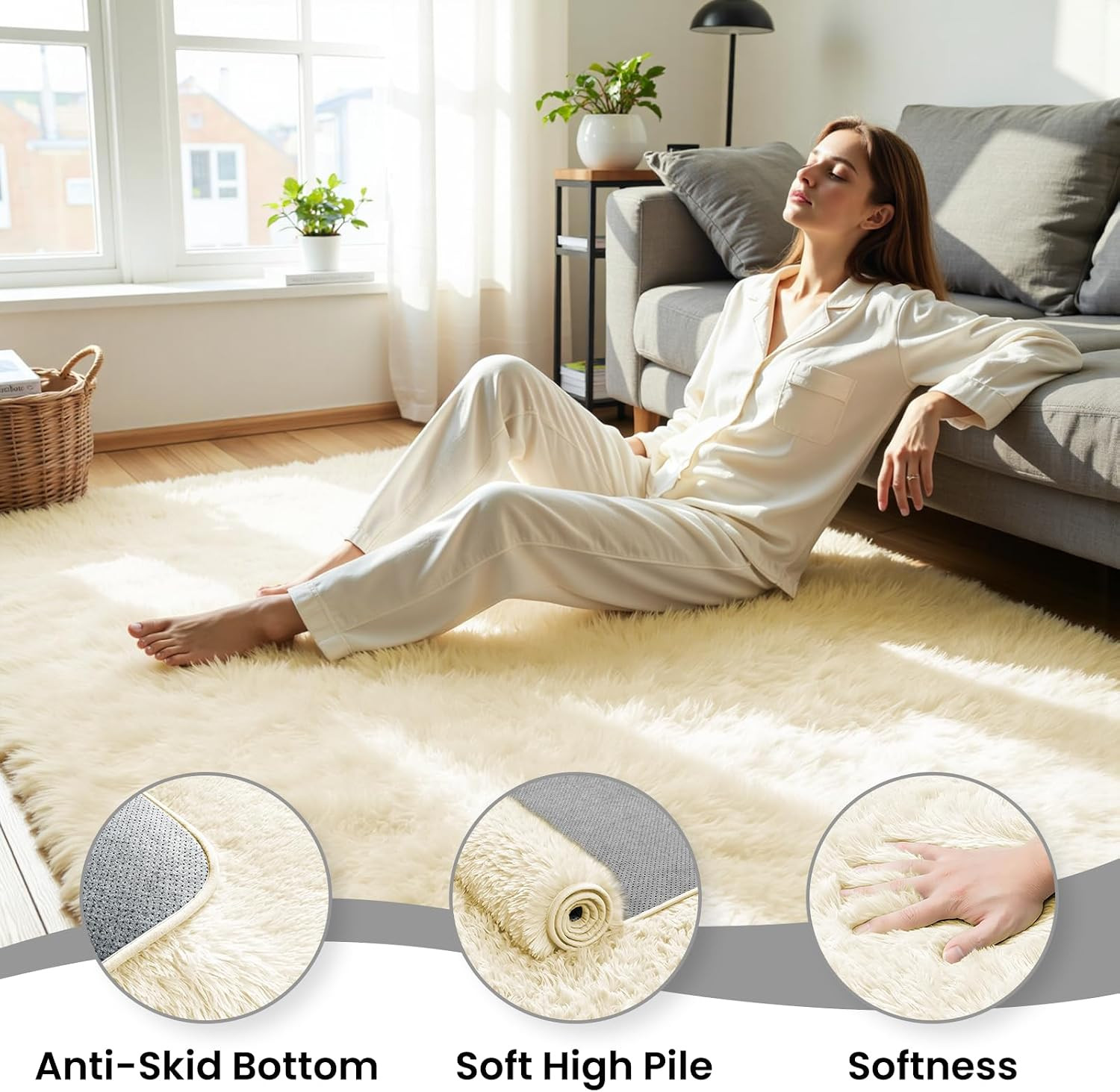 4×6 Area Rug for Living Room, Ultra Soft Fluffy Cream White Rugs for Bedroom, No