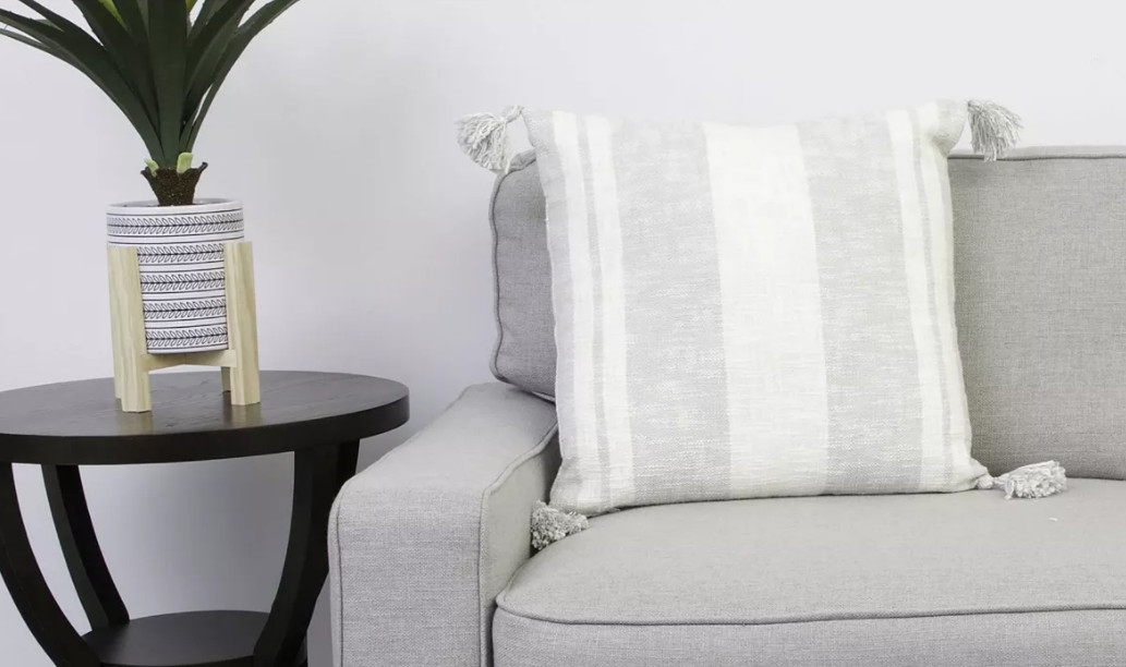THRO Sophia Stripe Printed Corner Tassel Pillow, 20″ x 20″ Vapor Gray Decorative