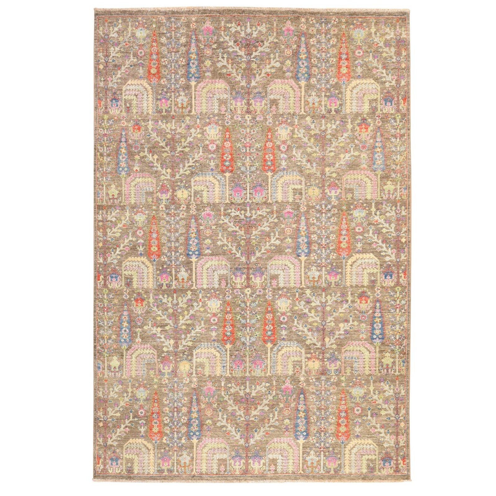 6’x8’10” Dune Brown Willow and Cypress Tree Design Hand Knotted Wool Rug 78688