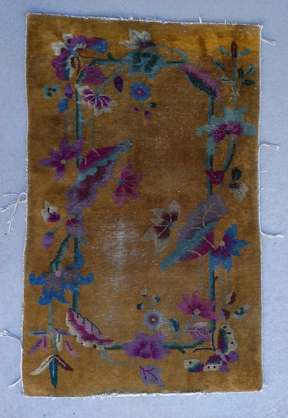 Antique Floral Deco Nichols Hand knotted Rug Butterfly 55” X 35” China 1930s Gld