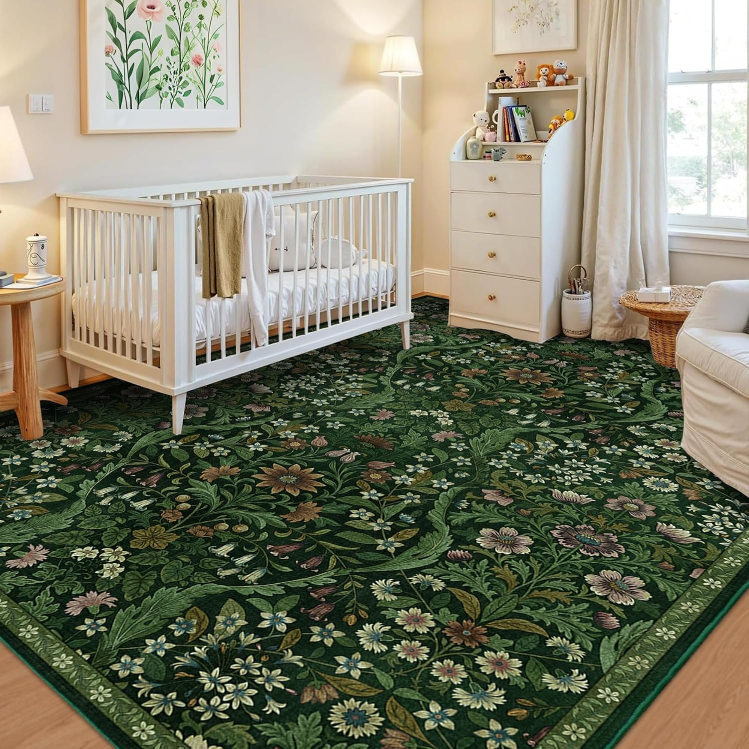 5×7 Dark Green Washable Floral Area Rug,Vintage Boho Soft Low-Pile Living Room R