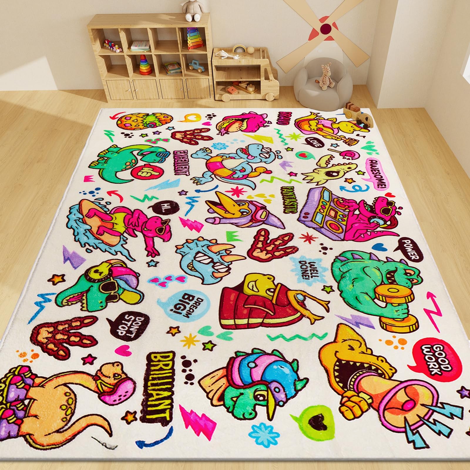 Dinosaur Graffiti Kids Rug 78.7″×59″ Cozy Colorful Children’s Play Mat with W…