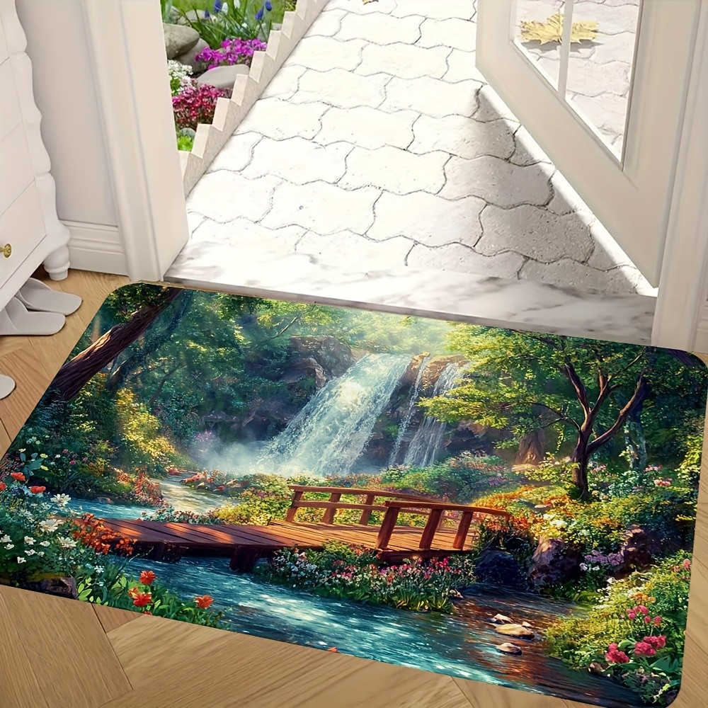 1pc Modern Style Rug Carpet Doormat, Dreamy Forest with Waterfalls Wildflower √