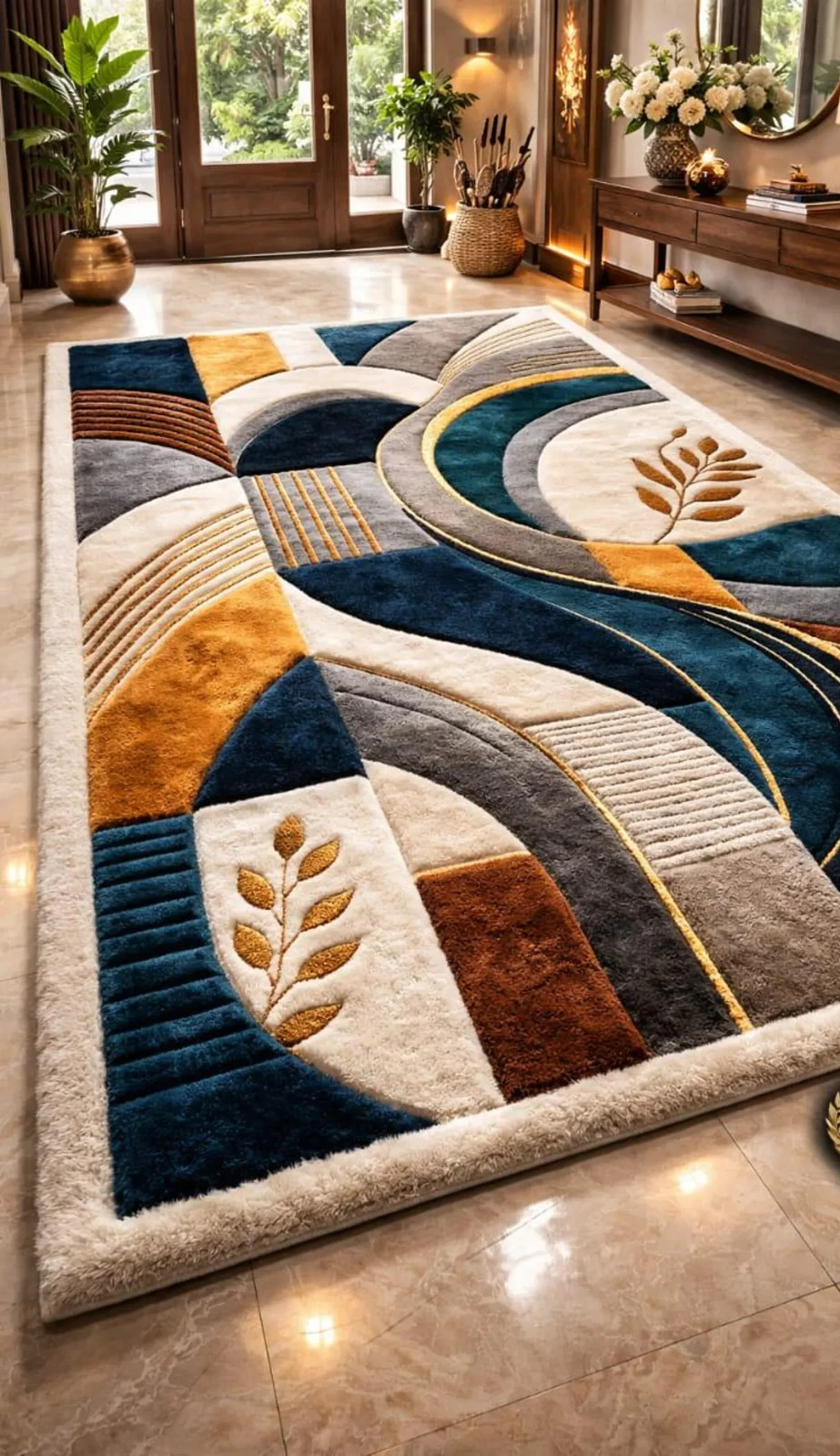 Hand Tufted Wool Rug, Round Abstract Geometric Area Carpet, Thick Plush Luxury