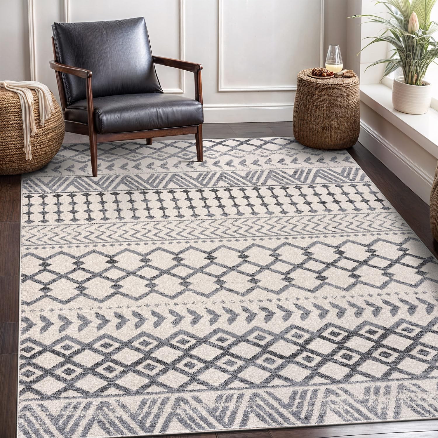 Boho Moroccan Gray Rug Geometric Diamond 6×9 Area Rugs for Living Room Bedroo…