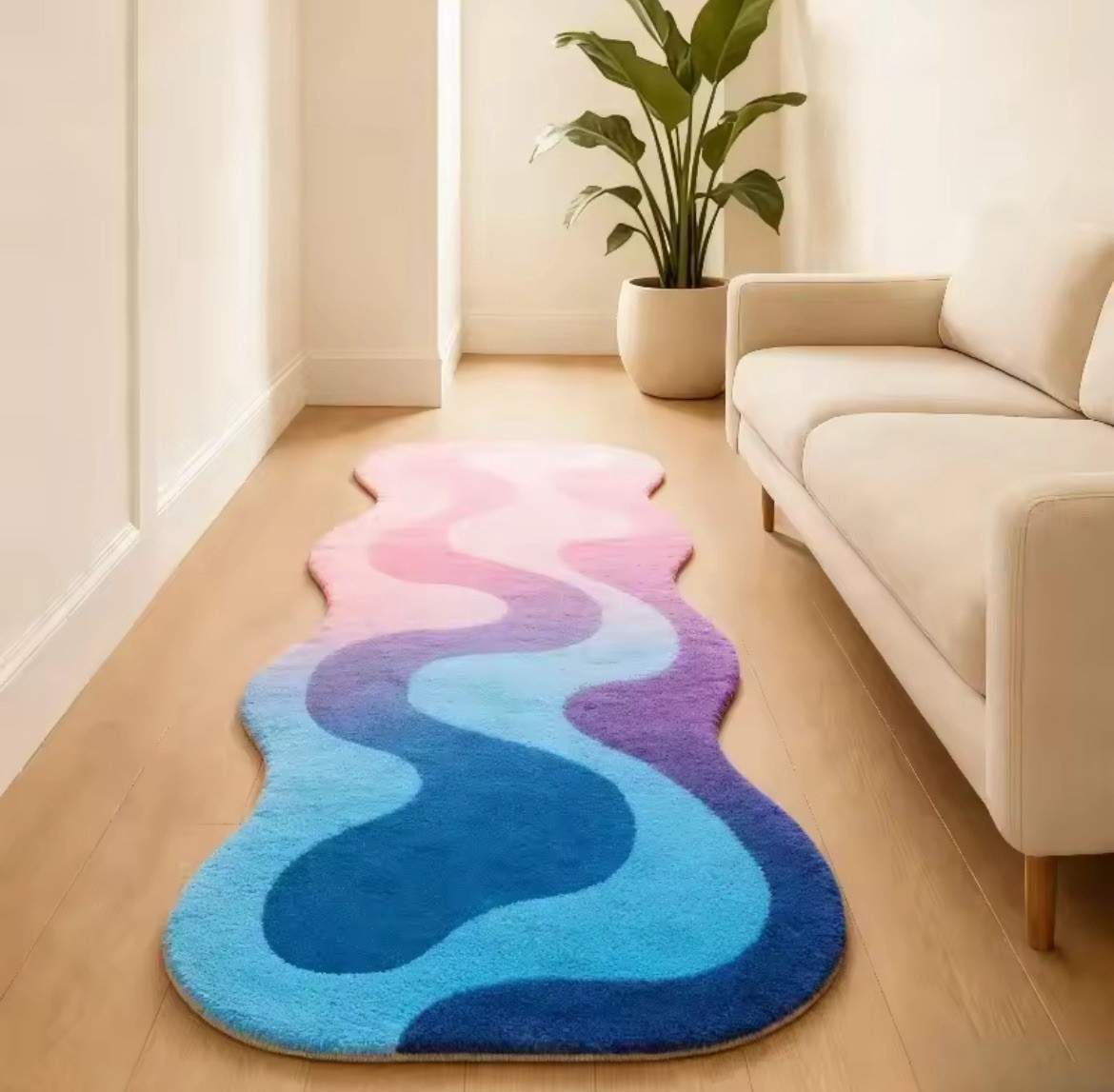 Abstract Wavy Runner Rug | Irregular Shape Hand Tufted Runner | Modern Hallway
