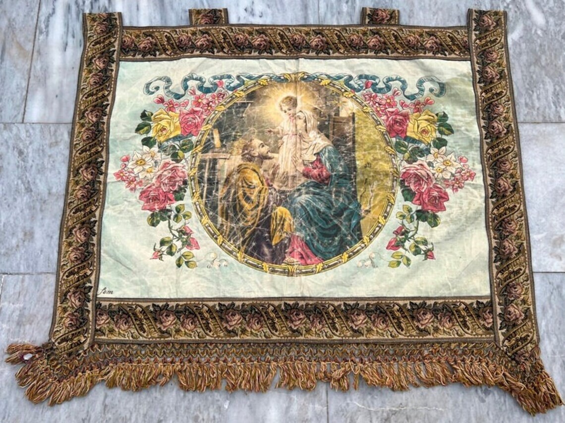 Vintage Tapestry, Religious Pictorial French Tapestry Home Decor Tapestry 2x3ft