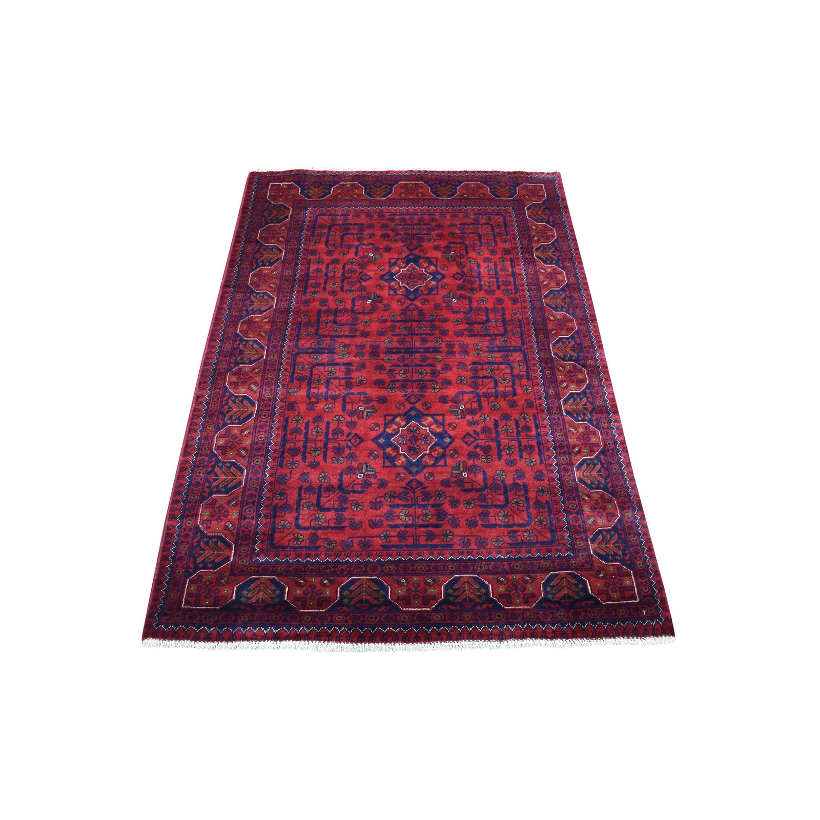 3’3″ x 5′ Afghan Khamyab Wool Hand Knotted Deep and Saturated Red Rug R68092