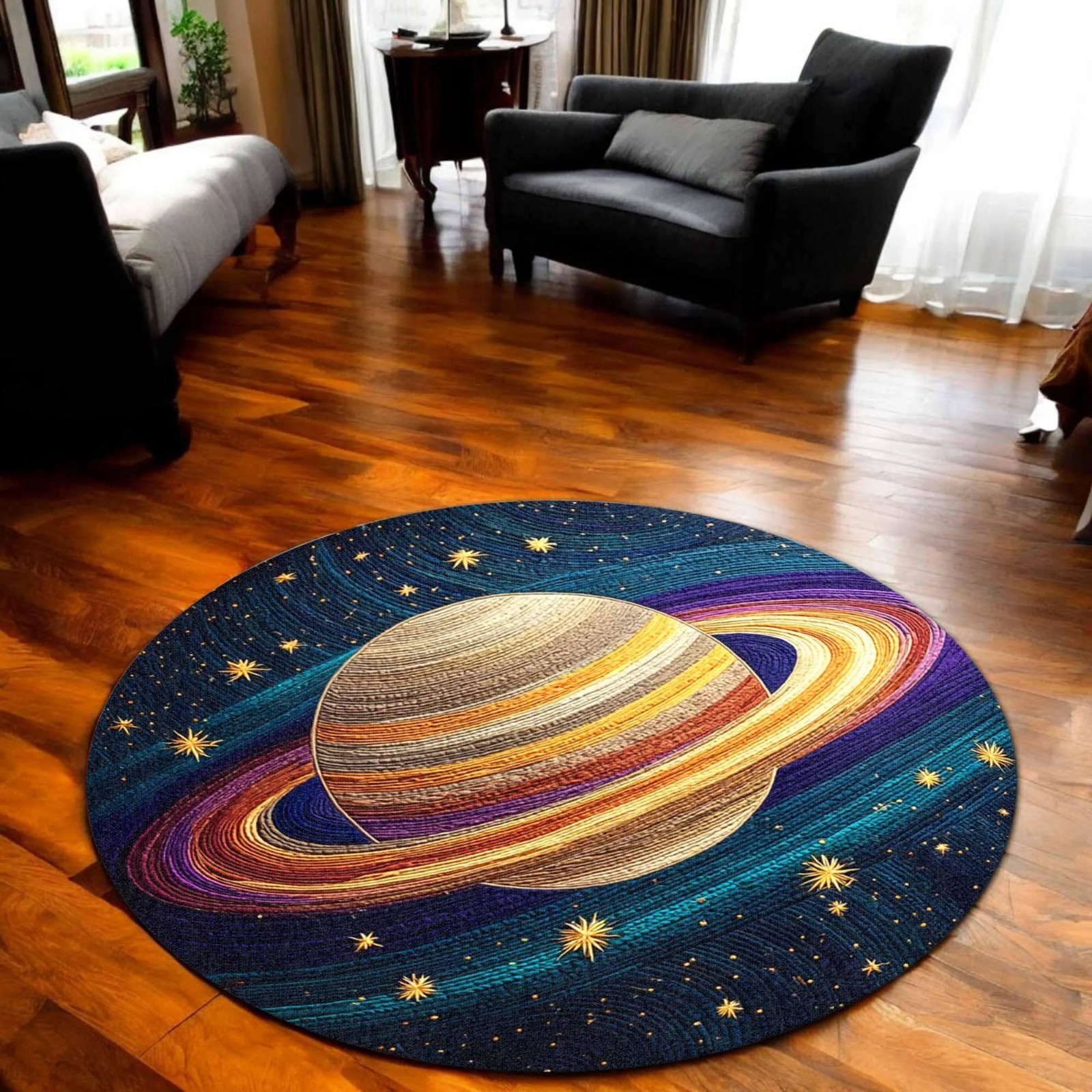 Galaxy Saturn Planet Round Rug Galaxy Space Cosmic Star Floor Rug Astronomy Deco