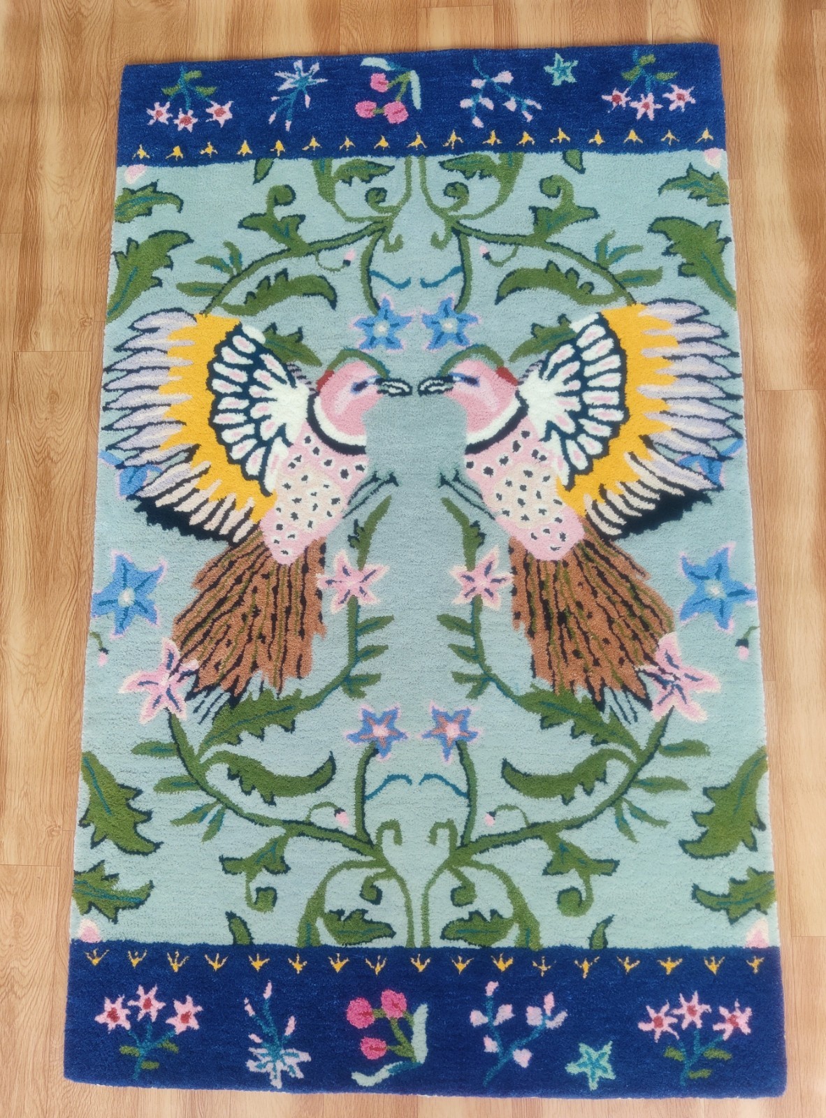 Modern Bird Blue -Green Rug Nature Theme Colorful Hand Tufted woolen Home Decor