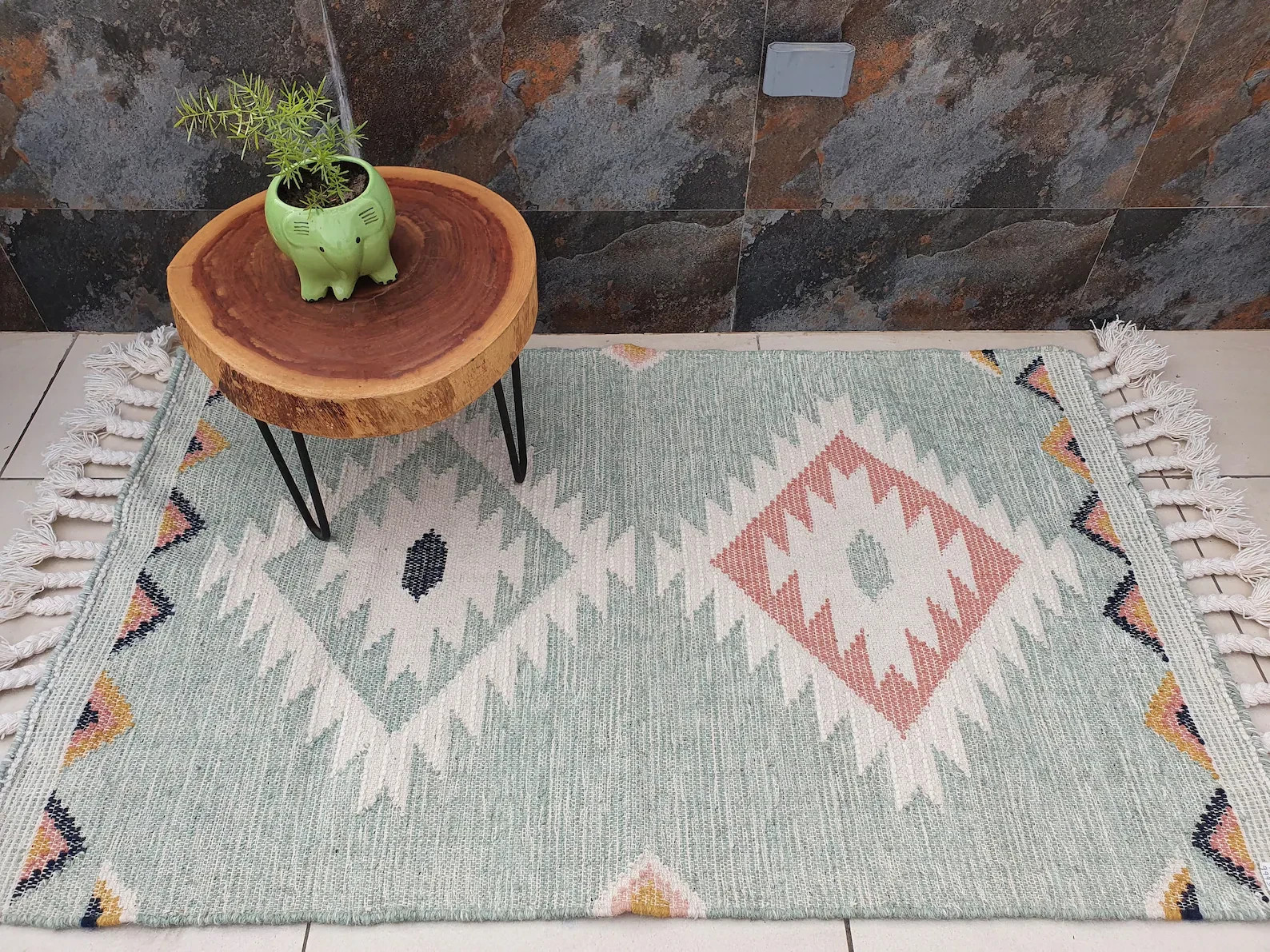 Sea Green Wool Moroccan Rug Hand Woven Bohemian Decor Inspired, Boho Scandinavia