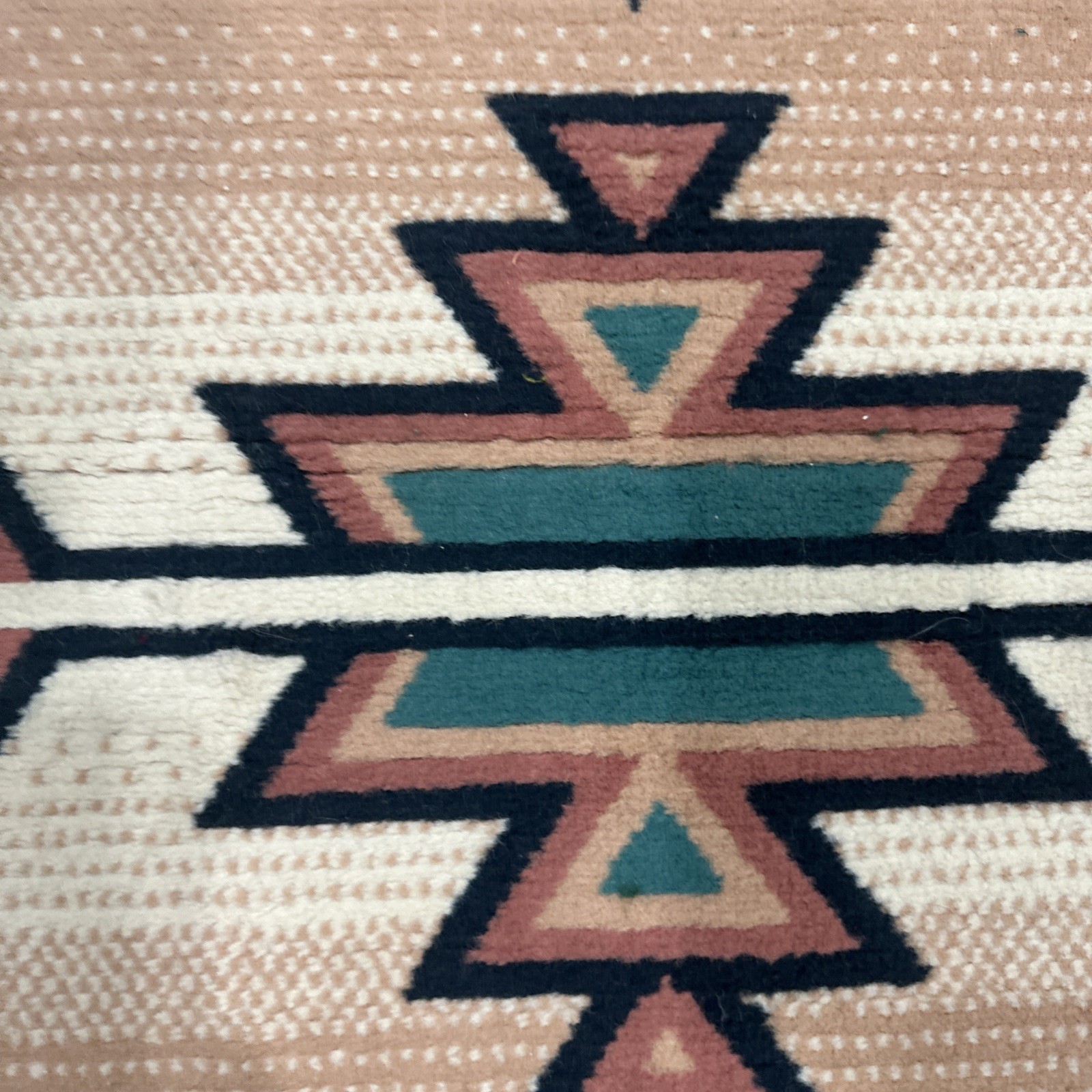 Vintage Southwestern Geometric Accent Rug Peach Teal Black Fringe Boho 39”x23”