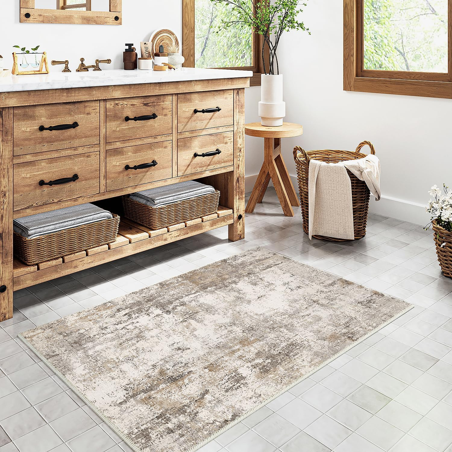 2X3 Brown Grey Abstract Area Rug | Washable, Non Slip, Soft Low Pile, Modern Neu