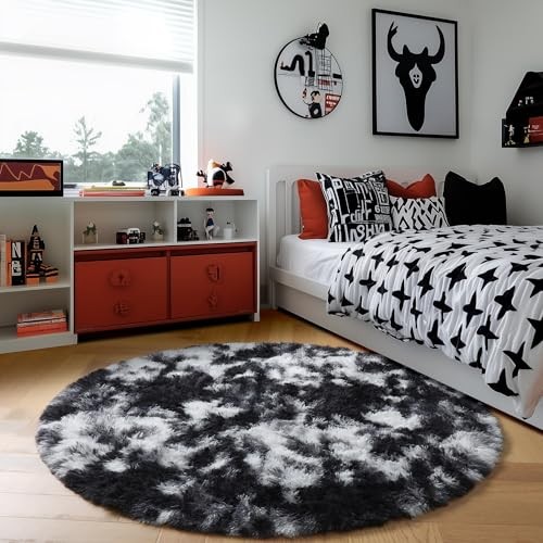 Black White Grey Round Rug 4Ft Circle Area Rugs for Bedroom & Living Room