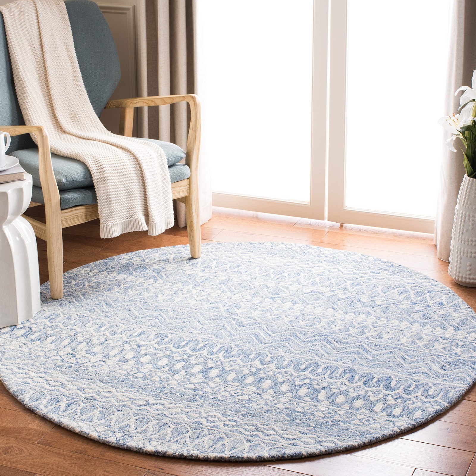 Area Rug 3′ Round Blue Ivory Handmade Moroccan Boho Wool – Ideal for High