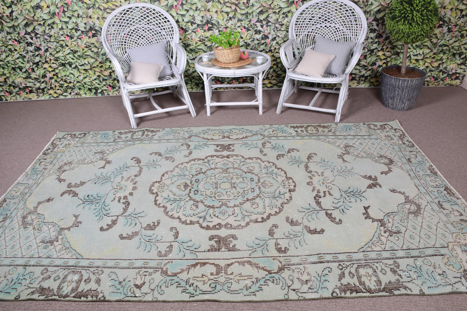 Vintage Rug, 5,7×9,5 ft Large Rug, Blue Striped Wool Turkish Rug