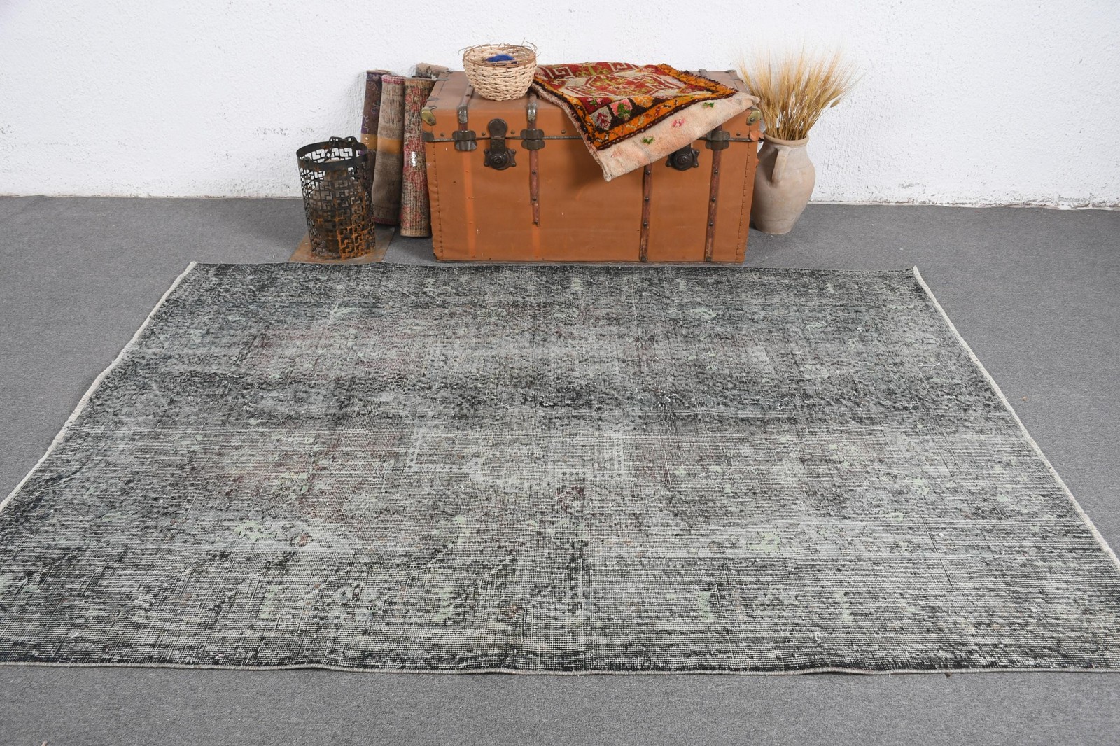 5,3×7,5 ft Area Turkish Vintage Rug, Gray Patchwork Wool Rug