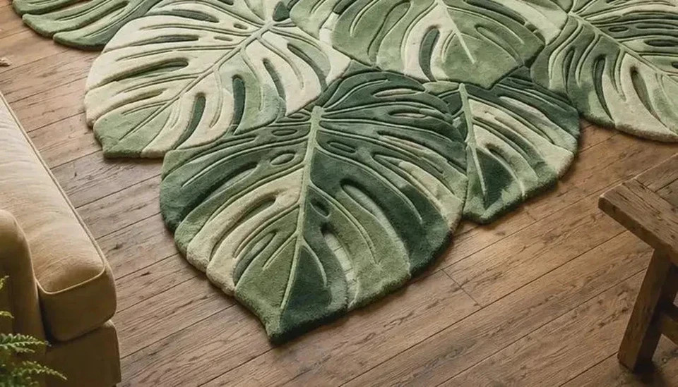 Hand-Tufted Wool Monstera Leaf Rug, Green Botanical Living Room Area Rug Carpet
