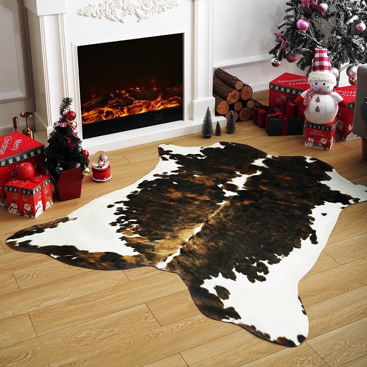 5.2×4.6 FT Brown Faux Cowhide Rug Premium Western Home Decor Cow Print Carpet