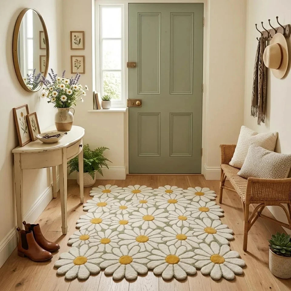 Hand Tufted Daisy Flower Wool Rug- Floral Area Rug Organic Shaped Handmade Rug