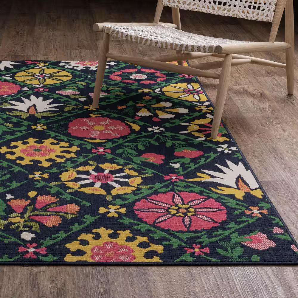 Hibiscus Navy/Multi 8 Ft. X 10 Ft. Textured Floral Lattice Polypropylene Indoor/