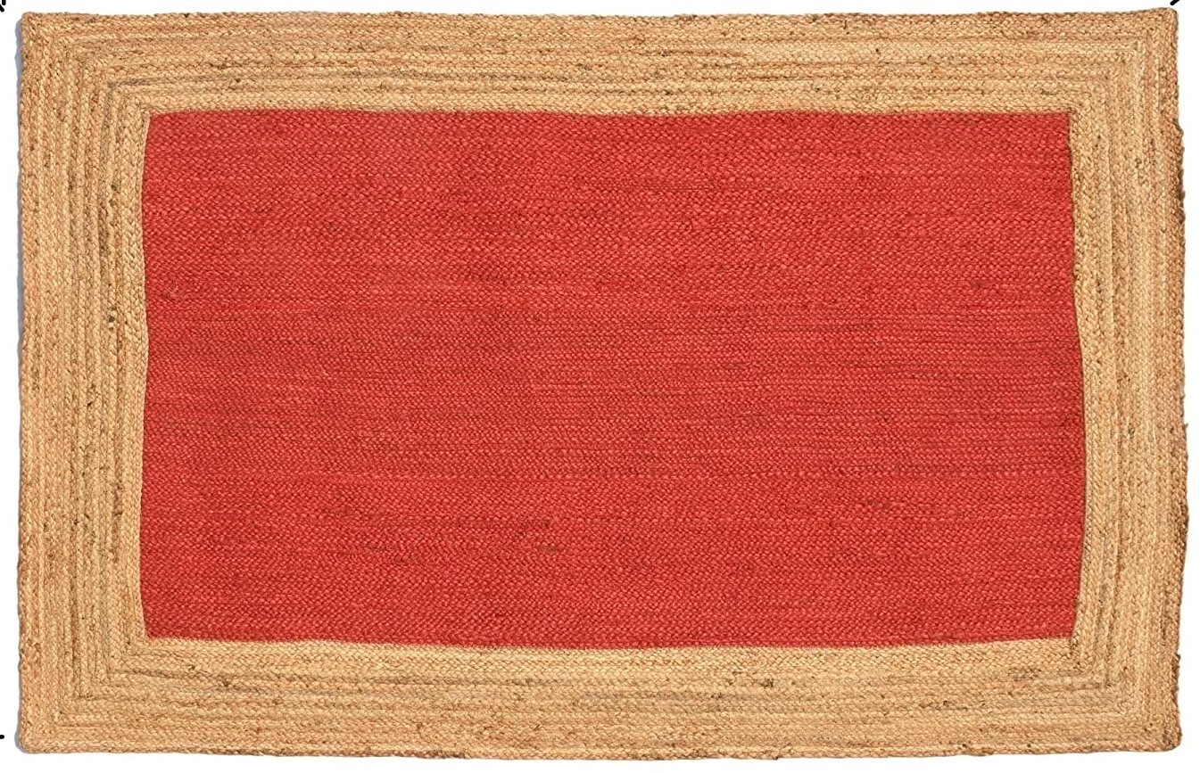 Handmade Red Jute Area Rug with Natural Border Eco-Friendly Braided Carpet rug