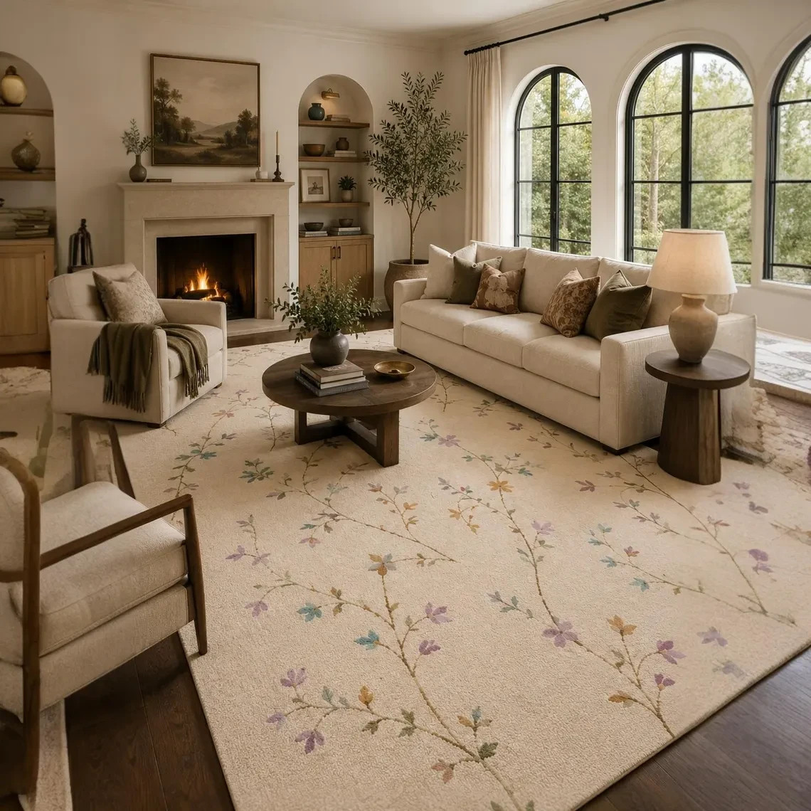 Hand Tufted Floral Wool Rug Cream Botanical Pastel Area Living Room Decor Carpet