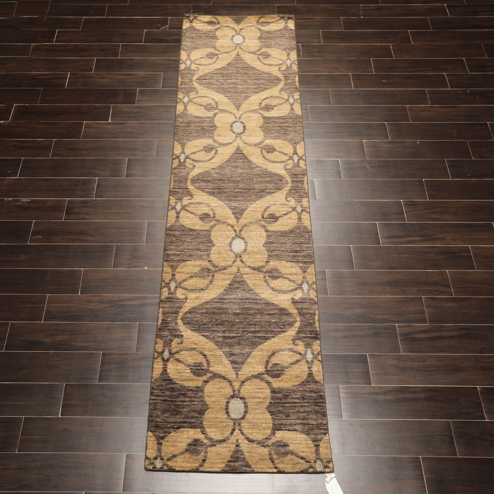 2’5″x9’10” Runner Hand Knotted Wool Gray, Beige Tibetan Art Deco Kalaty Rug
