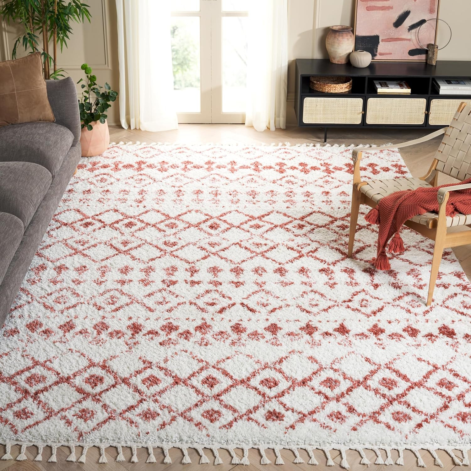 Ivory & Rust 8×10 Berber Fringe Shag Area Rug – Non-Shedding, Easy Clean