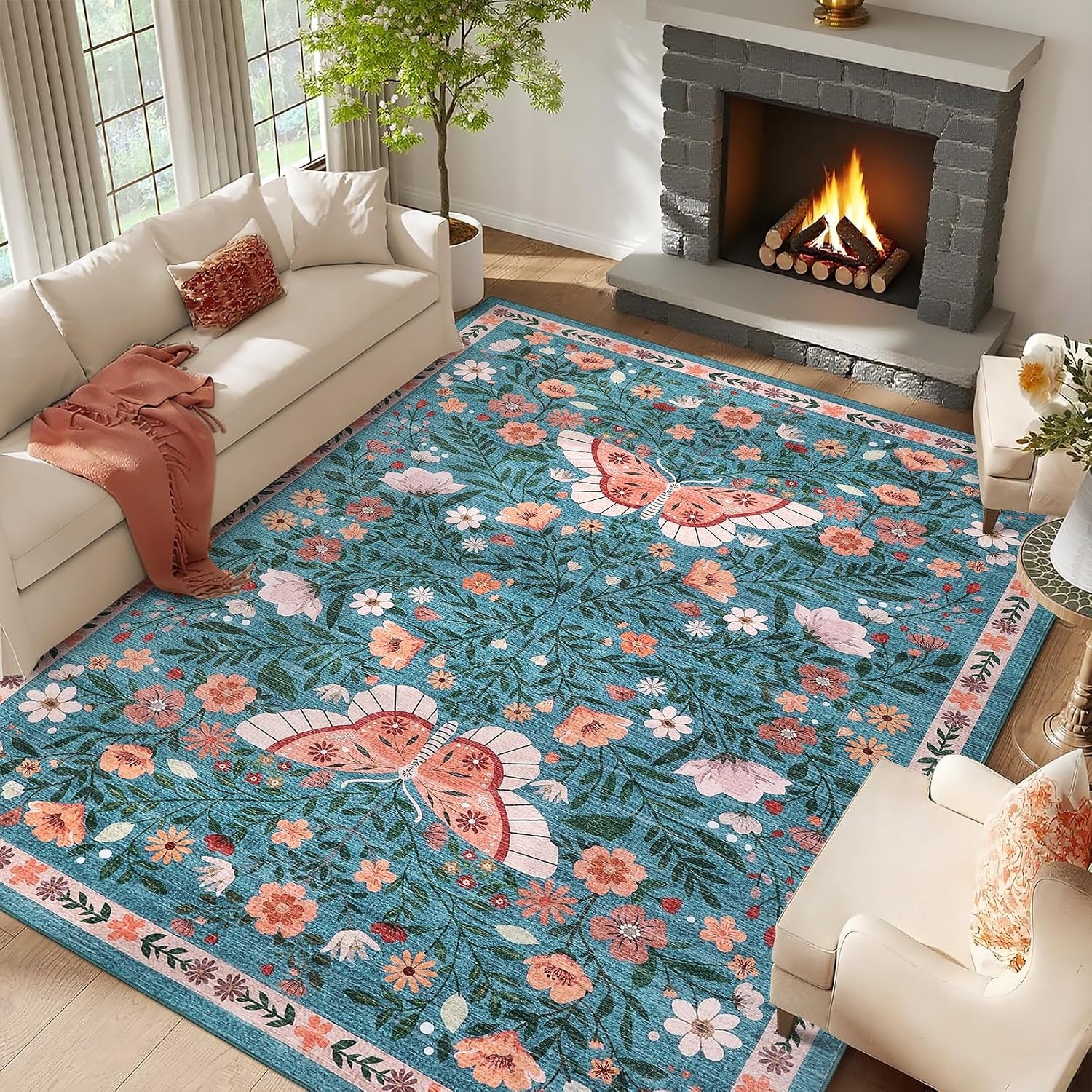 Farmhouse Butterfly Floral 5×7 Washable Area Rug Non Slip Living Dining Bedroom