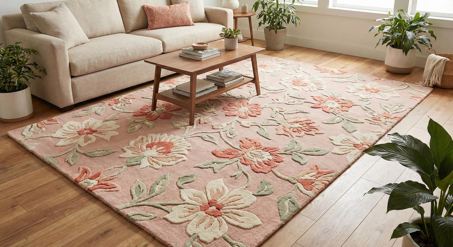 Hand Tufted Designer Pink Flower Wool Area Rug | Romantic Pink Wool RugSoft Blus