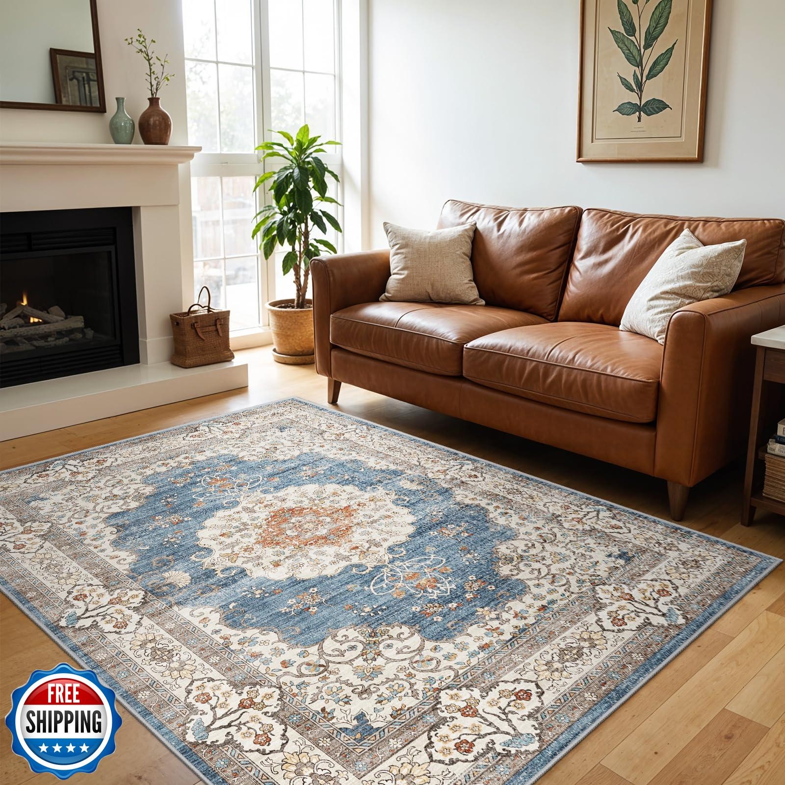 Ksrau Washable 6×9 Area Rug – Large Rug for Living Room Stain Resistant Low P